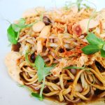 Racines restaurant braised Ee-fu noodles with scallops, XO sauce, mushroom and chives